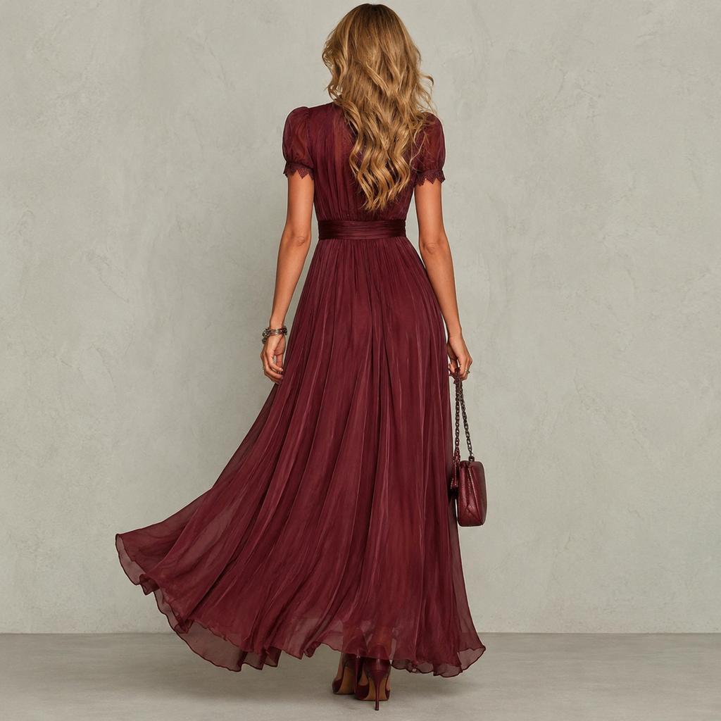 Vestido Largo de Gasa con Cuello Alto y Ribete de Encaje para Mujer, Mangas Cortas Abullonadas, Abertura Frontal, Cintura Plisada, Dobladillo Fluido, Elegante Vestido Largo