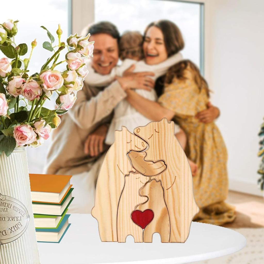 Wooden Bear Family Statue, Family Art Puzzle, Desk Ornament, Wooden Family Heart Puzzle, Home Decoration, Birthday Gift