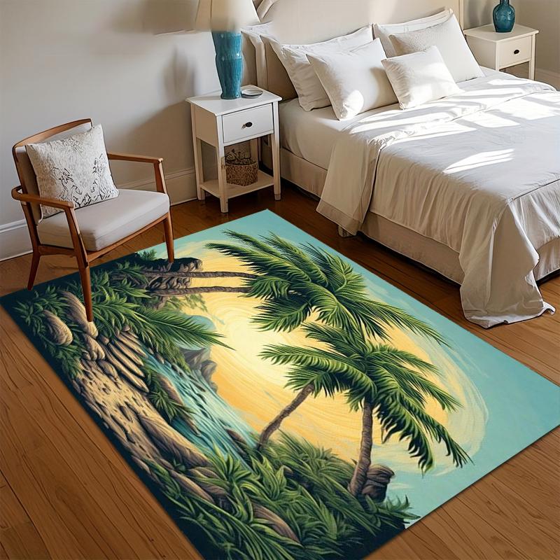 Soft Non-Slip Tropical Paradise Area Rug with Palm Tree and Waterfall Design for Living Room Bedroom Nursery Home Decor