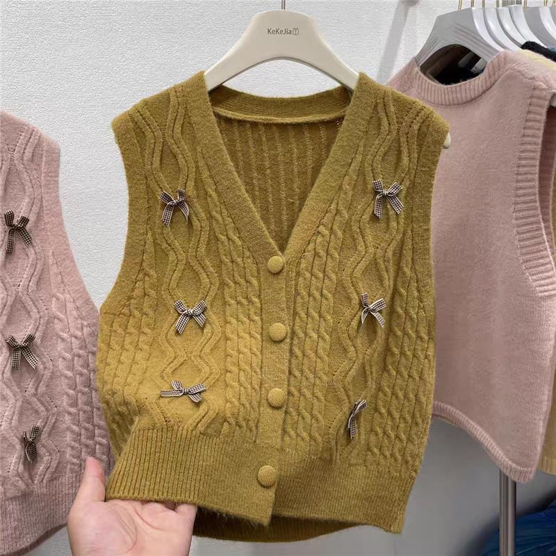 Spring and Autumn Thickened Bow V-neck Knitted Vest Women's Youthful Outerwear Cardigan Top