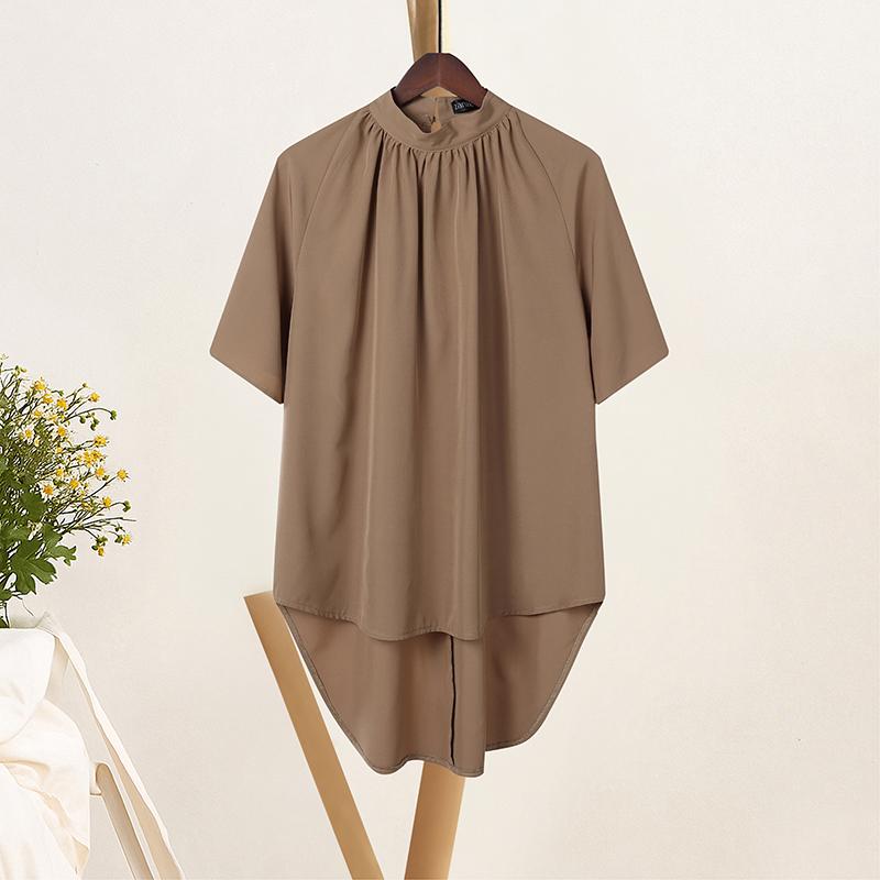

ZANZEA Women Casual Stand Collar Summer Half Sleeve Asymmetrical Hem Blouse 2XL хакі