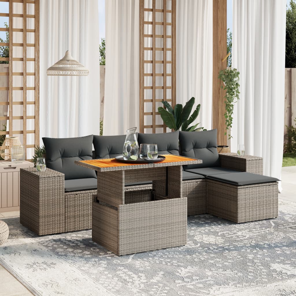 6-teiliges Gartensofa-Set mit Kissen, graues Poly-Rattan