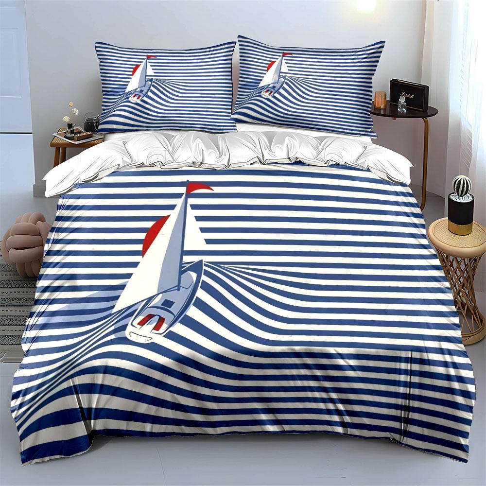 Sailboat Striped Pattern Decor Set Bedding Set with 1 Duvet Cover 2 Pillowcases Single Double King Queen, Gift