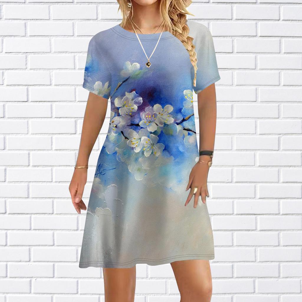 Damen Freizeitkleid Sommer Rosa Pflaumenblüten-Print Kleider für Damen O-Ausschnitt Kurzarmkleid Übergröße