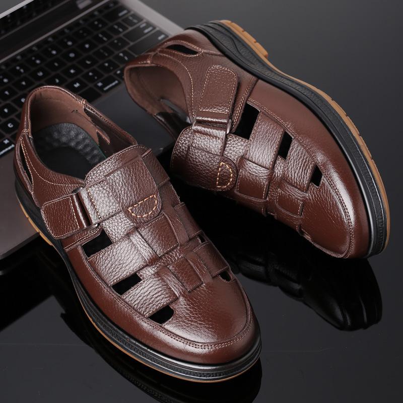 Large Size Breathable Leather Shoes Men's Middle-aged and Elderly Summer Hole Shoes Non-slip Soft Sole Business Casual Dad Shoes Men's Shoes