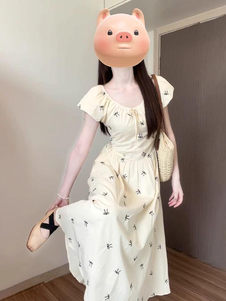 

Платье летнее цветочное с рукавами-фонариками для перерыва на чай - Женское длинное платье, подчеркивающее талию (2025) M грязно-белый