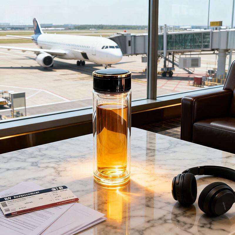 Handun 400ml Double-Layer High Borosilicate Glass Cup with Wood Grain and Tempered Bottom