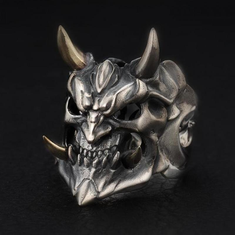 Adjustable Open Ring Men Women Vintage Demon Mask Skull Geometric Finger Copper Plated
