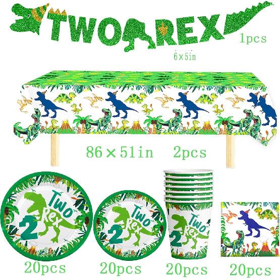 Dinosaur Birthday Decorations 2 year old Boy Plates Napkins and Cups Banners Table Cloth Three Rex Birthday Party Decorations for Boys Two Rex