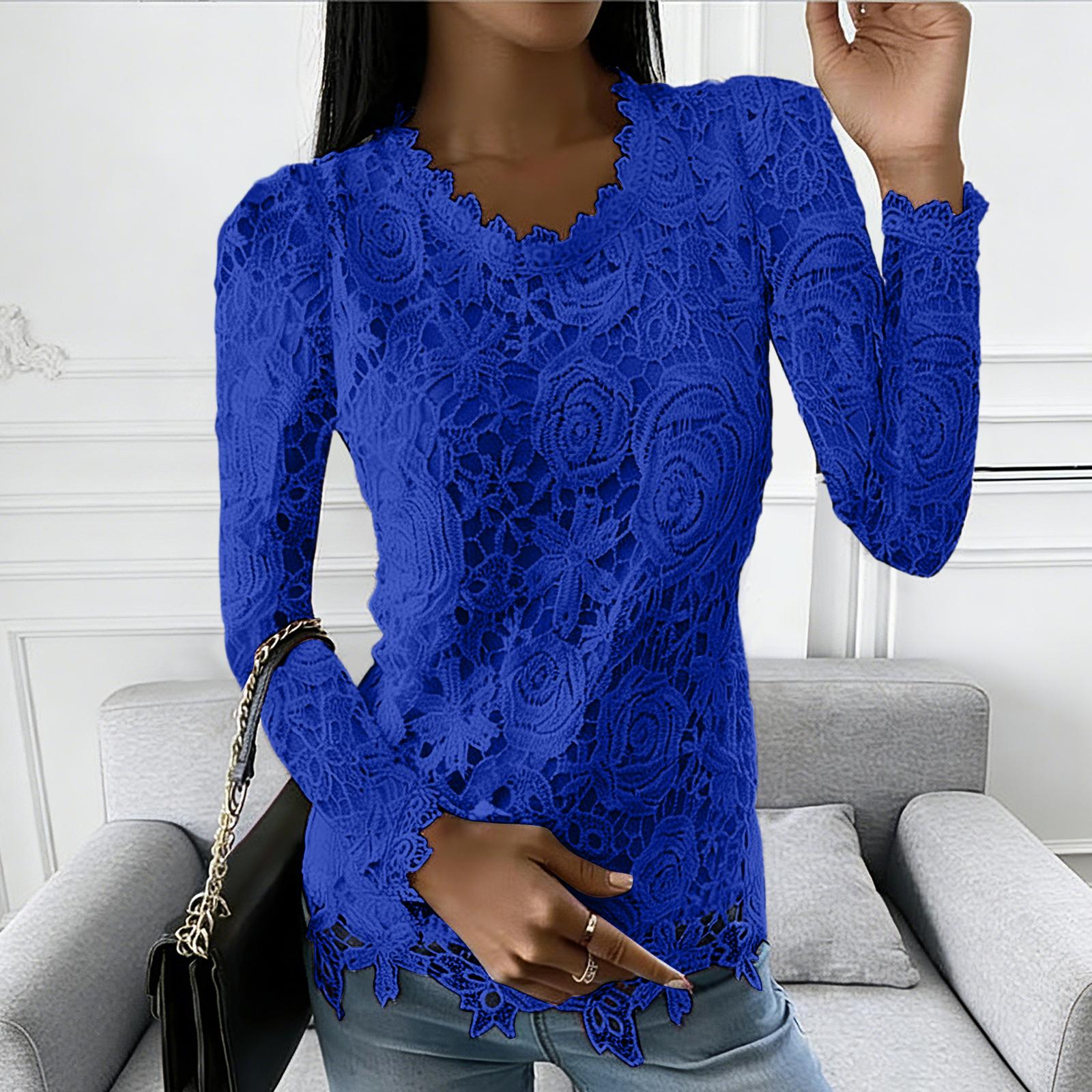 

Ladies Color Casual Elegant Round Neck Long Sleeved Lace Top M синий