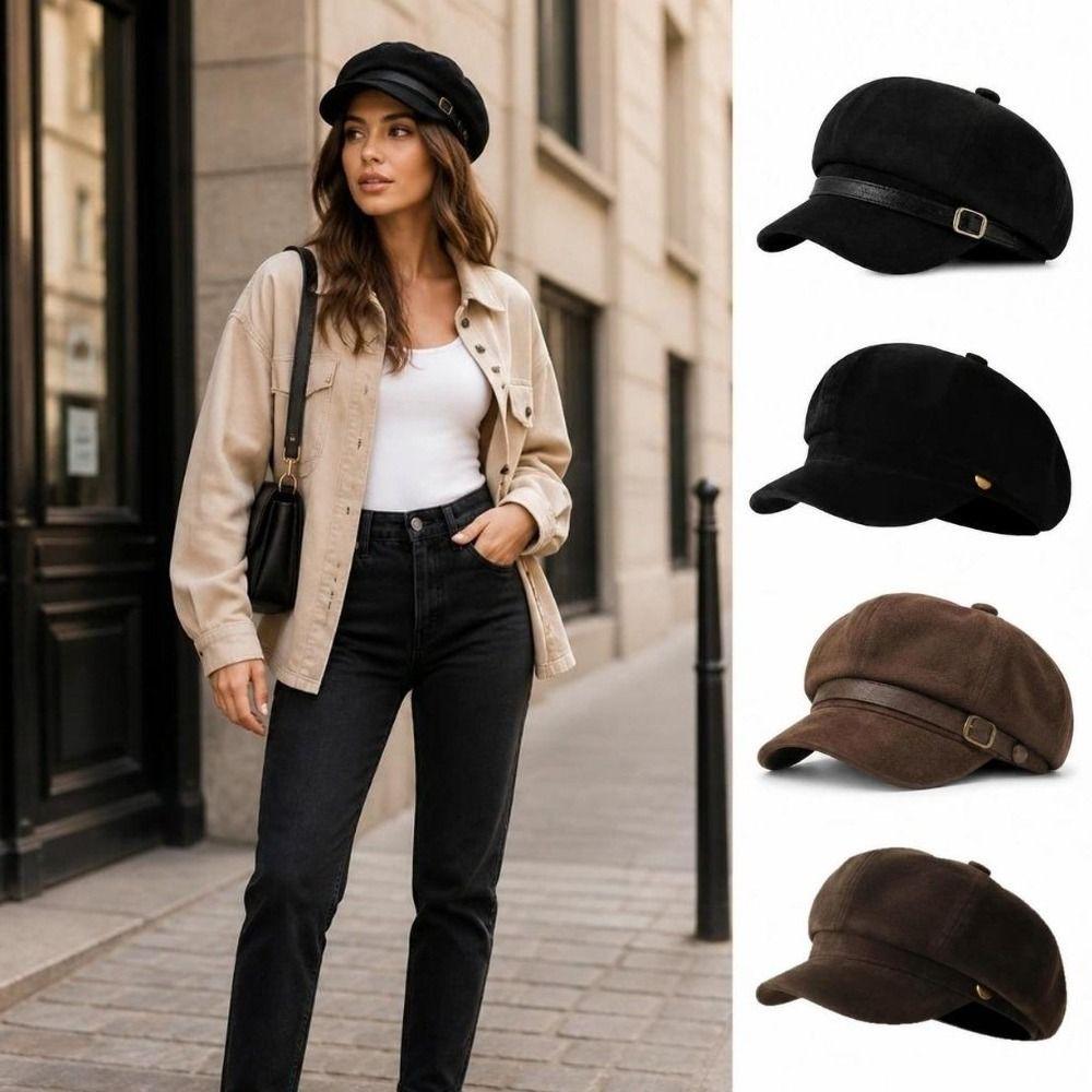 Leather Belt Decor Newsboy Cap Octagonal Suede Cap Retro Baker Boy Cap  Autumn Winter