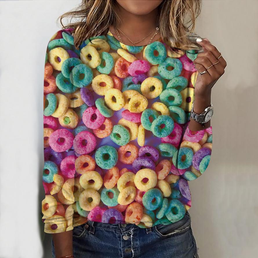 

Топы для женщин, восхитительный сладкий принт, круглый вырез, длинный рукав, футболка, осенний повседневный тонкий пуловер, женский топ с длинным рукавом 8XL жёлтый