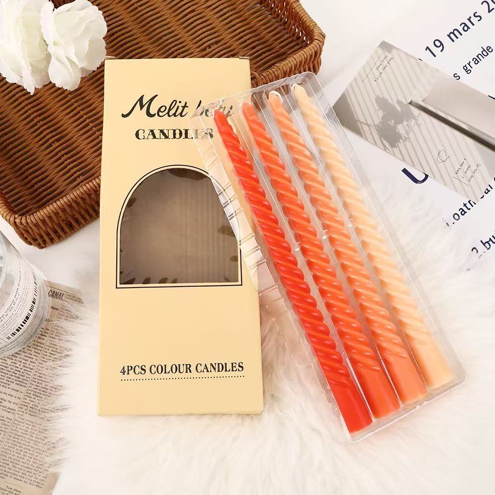 

Градиентный цвет Резьбовая длинная свеча-стержень Домашний романтический свадебный декор Спиральный стержень Воск