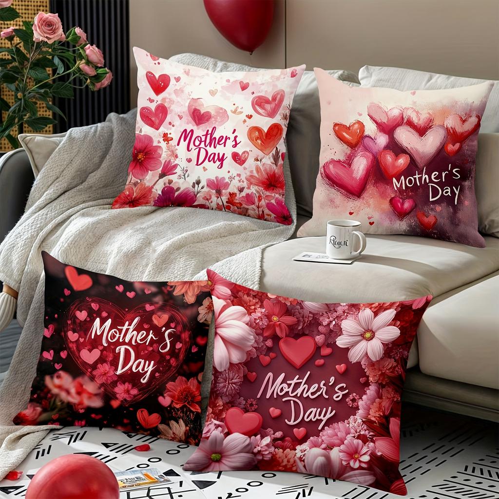 4pcs Happy Mother's Day Decorative Pillowcase Set, 18x18 Inch Floral Cushion Covers for Sweet Home Decor, Gift for Mom, for Porch Patio Sofa