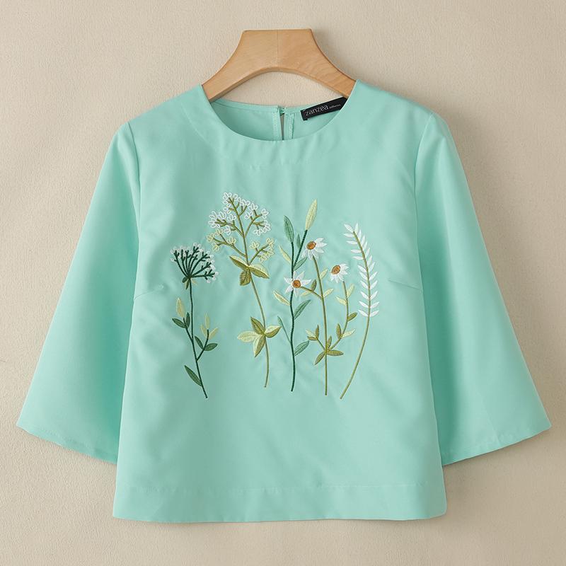 ZANZEA Women Casual Round Neck 3/4 Sleeve Loose Embroidery Blouse