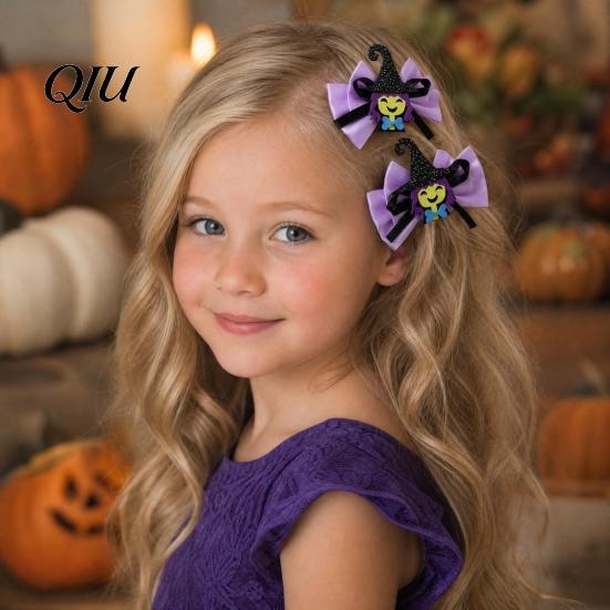 Funny Halloween Clips 1 Pair Girl Hairpins, Anti-Slip Clip Design Bang Hair Pins, 3D Bow Decorative Hairpin Pumpkin Skull Eyes Shape Clips,