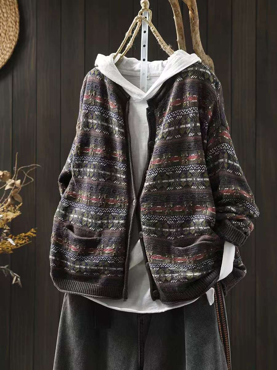 

Johnature Женские винтажные вязаные свитера с длинным рукавом Весенние карманы Принт Цветочный кардиган Свитера в китайском стиле One Size кофейный