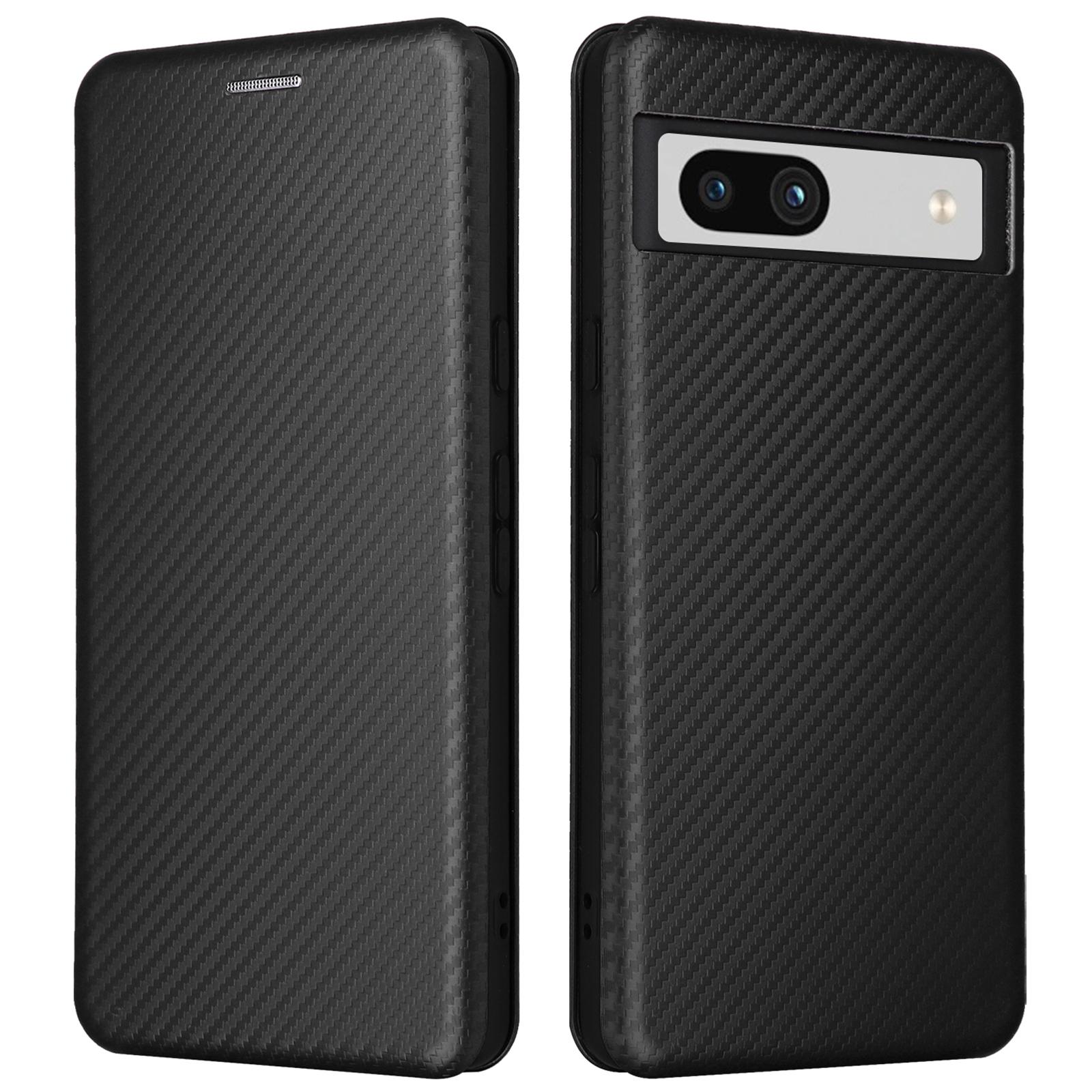 

For Google Pixel 7a Carbon Fiber Texture Phone Case Card Slot PU Leather Magnetic Auto-absorbed Stand Cover Black