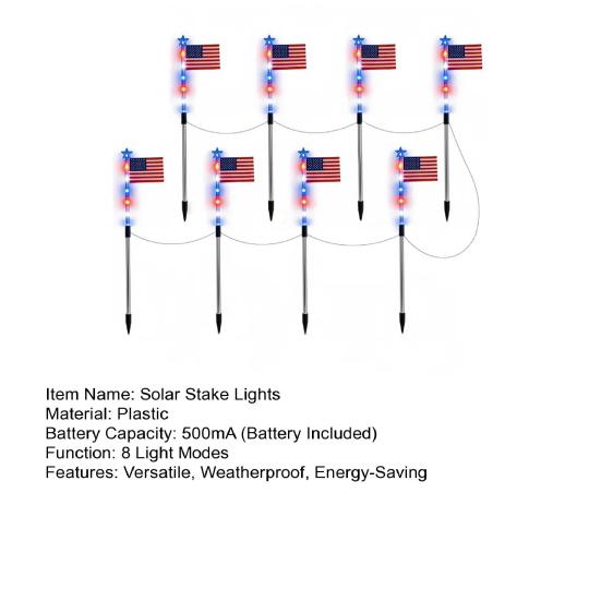 8Pcs Solar Stake Lights Waterproof Outdoor LED Pathway Lights with 8 Modes Red White Blue Solar Powered Garden Stakes Lights for Independence Day 4th