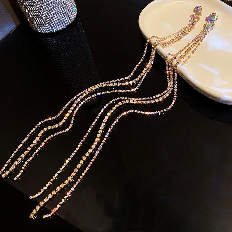 S925 Silver Needle Rhinestone Tassel Earrings - Exquisite Long Claw Chain with Colored Diamonds, European & American Style