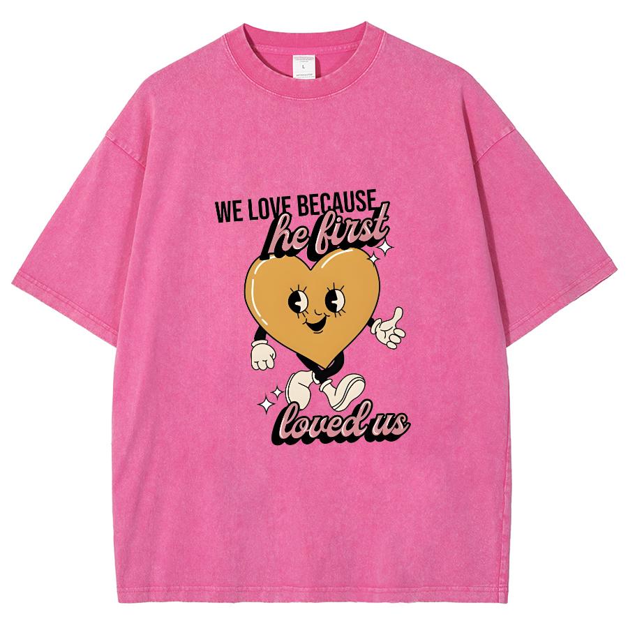 Yellow Cartoon Love Print Women's Washed T-Shirt Oversized Breathable Unisex Half Sleeve Cute Design Sense Top