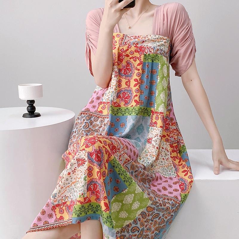 Women's nightgown thin short-sleeved printing light luxury simple breathable casual loungewear long skirt can be worn outside