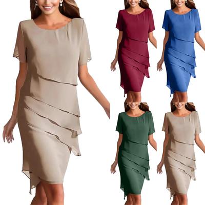 Damen Sommerkleid Slim Fit Kleid Farbe Chiffon Rundhals Kurzärmeliges Kleid