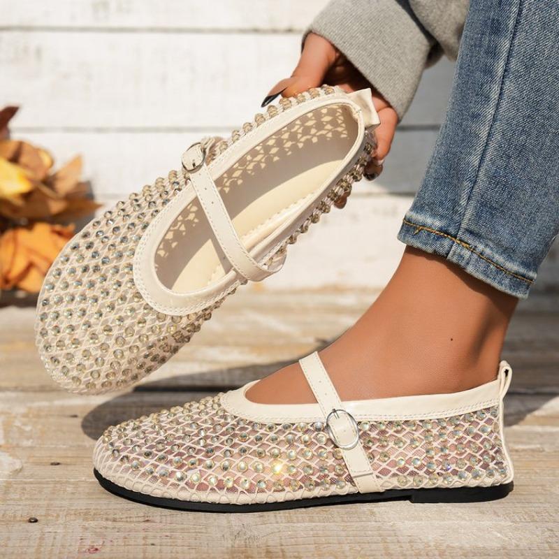 Large Size Mesh Rhinestone Sandals Women's Summer New One-word Buckle Fashion Casual Single Shoes Breathable Mesh Shoes