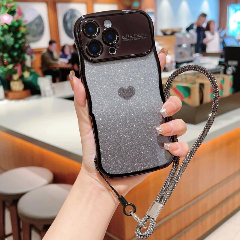 For iPhone 16 Pro Max Case with Strap Electroplating TPU Phone Cover Love Heart Gradient Glitter