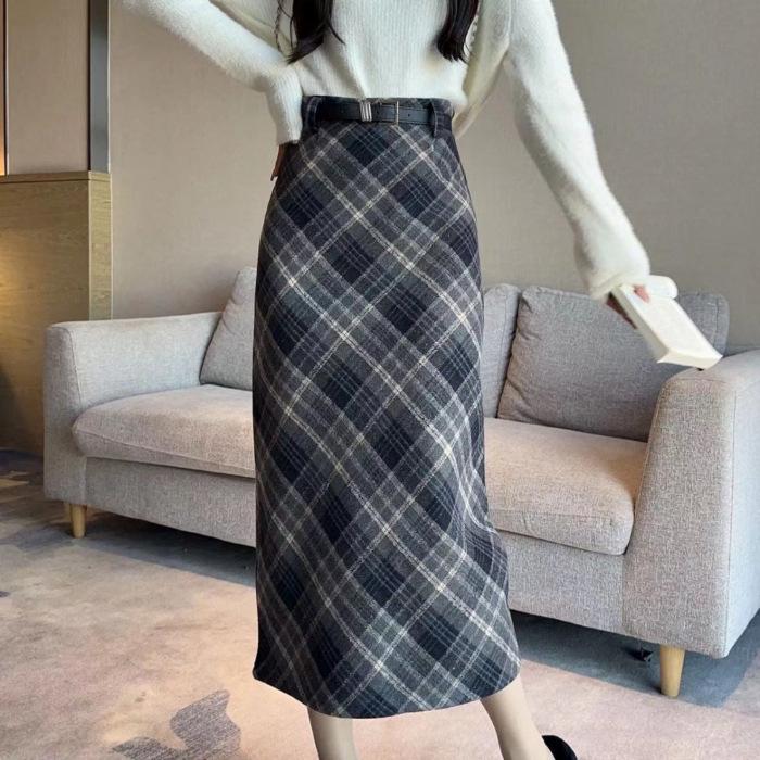 

Women s High-Waisted Retro Red Plaid Wool Blend Midi Skirt – Slimming, Slit Design for Autumn/Winter XL серый/синий