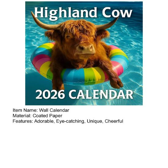 2026 Highland Cow Wall Calendar Scottish Highland Cattle 12 Monthly Planner