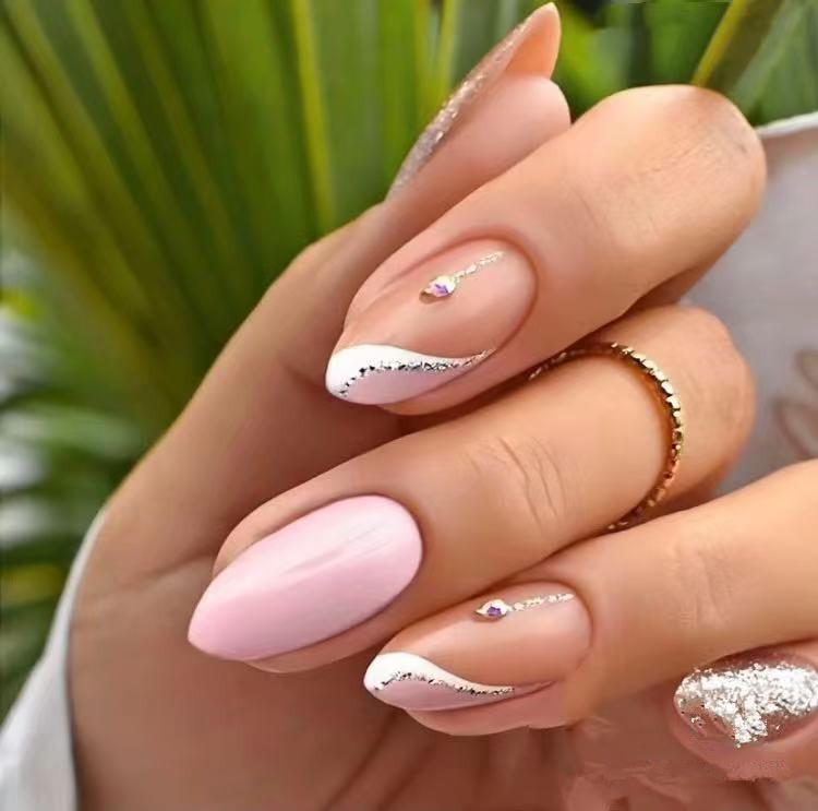 

Миндальные блестящие съемные ногти для французского маникюра W122 Pink Silver Stripes [Jelly Glue Version]