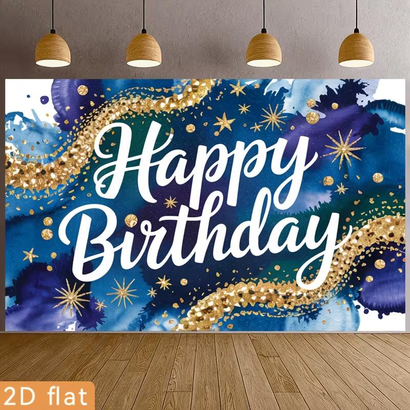 2D Birthday Photography Backdrop Blue Gold Watercolor with Star and Confetti Background