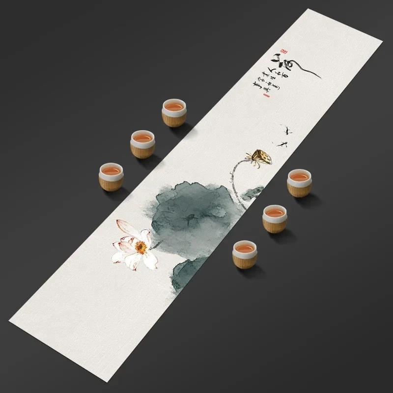 Chinese Lotus Pattern Table Runner Water-Repellent Coffee Table Cloth Decorative Cotton Linen Tea Mat Tea Ceremony Accessories