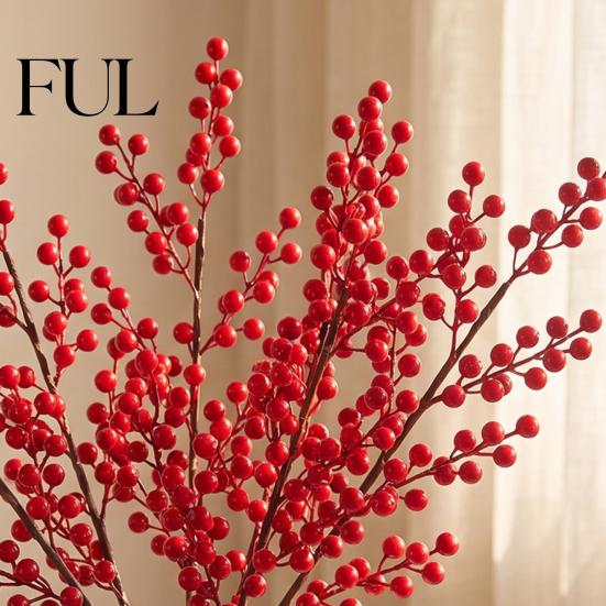 Artificial Holly Berry Branches Red Stems, Christmas Picks for Tree Decor, Realistic Stems Faux Winter Floral Decor Wreath Vase Indoor Home