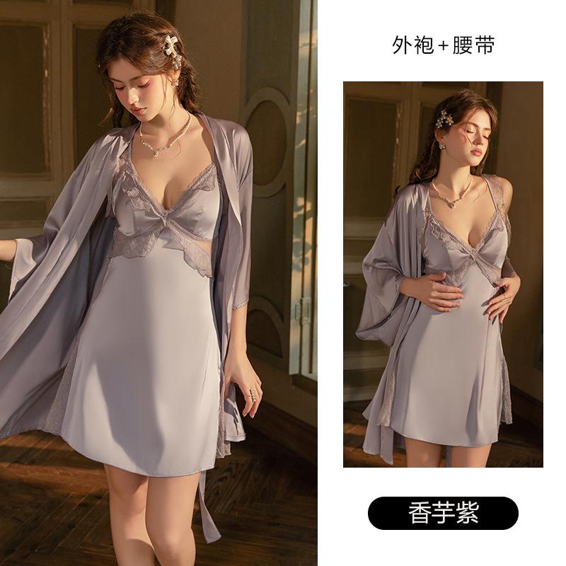 Women's Satin Lace Sheer Padded Cross Backless Cami Sleep Dress with Robe Set