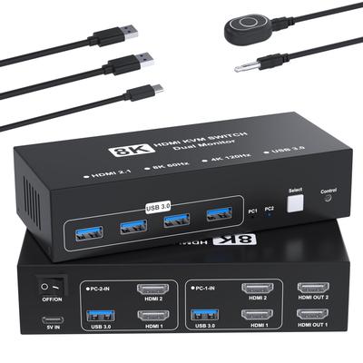 Conmutador KVM HDMI 8K@60Hz, 2 Entradas/2 Salidas, Conmutador KVM HDMI, Cambia Entre 2 PCs y 2 Monitores, 4 Puertos USB 3.0, Soporta Teclado/Ratón/Impresora