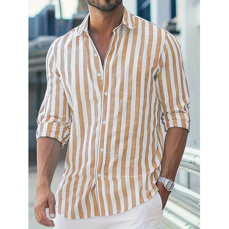 Men's Striped Turn-Down Collar Long Sleeve Shirt for Spring and Autumn 2026.