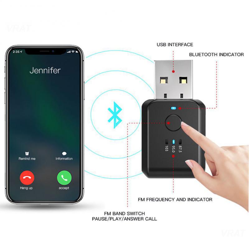 Adapter USB Stereo Dwa w jednym Reguluj Częstotliwość FM Kompatybilny z Bluetooth 5.1 5V Mini Adapter USB Bluetooth Dwa w jednym