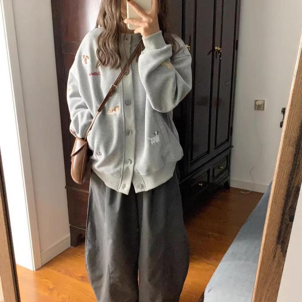 Cartoon Puppy Embroidered Stand Collar Unisex Cardigan Jacket - Autumn/Winter Style