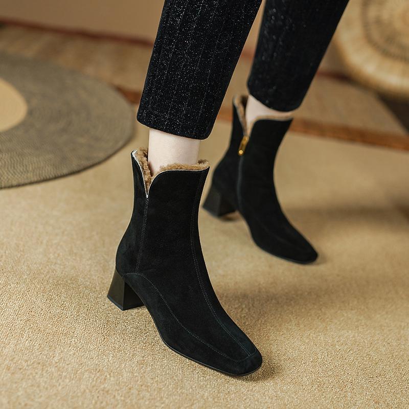 2024 New Winter Wool Warm Women Ankle Boots Genuine Leather Side Zipper Shoes Woman Square Toe Office Lady Working Short Boots