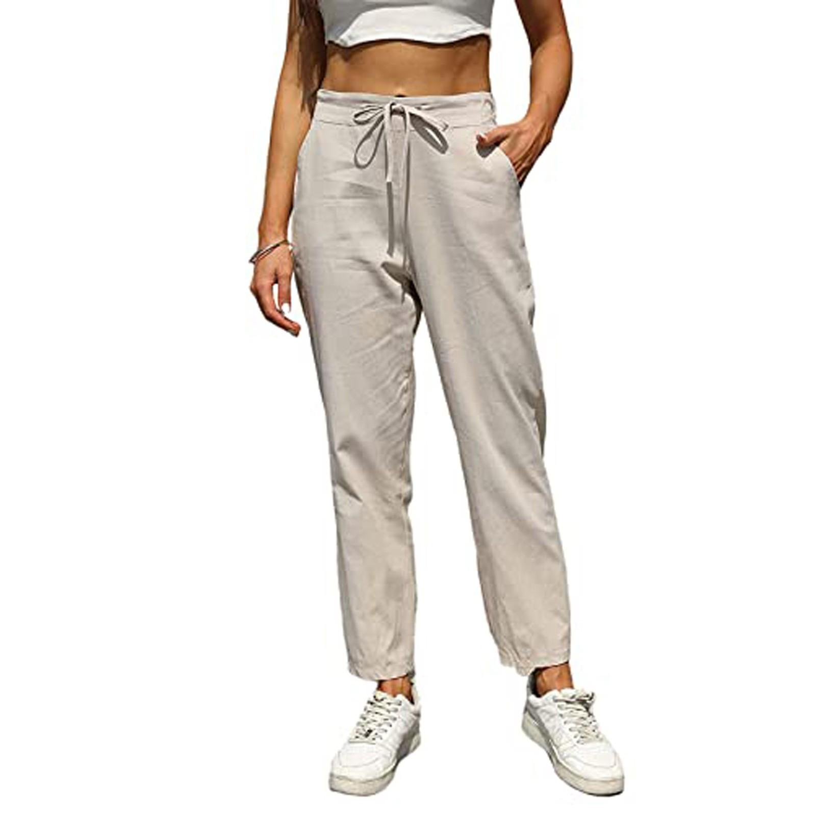 

Женские летние повседневные свободные брюки из хлопка и льна с высокой талией и широкими штанинами M хаки