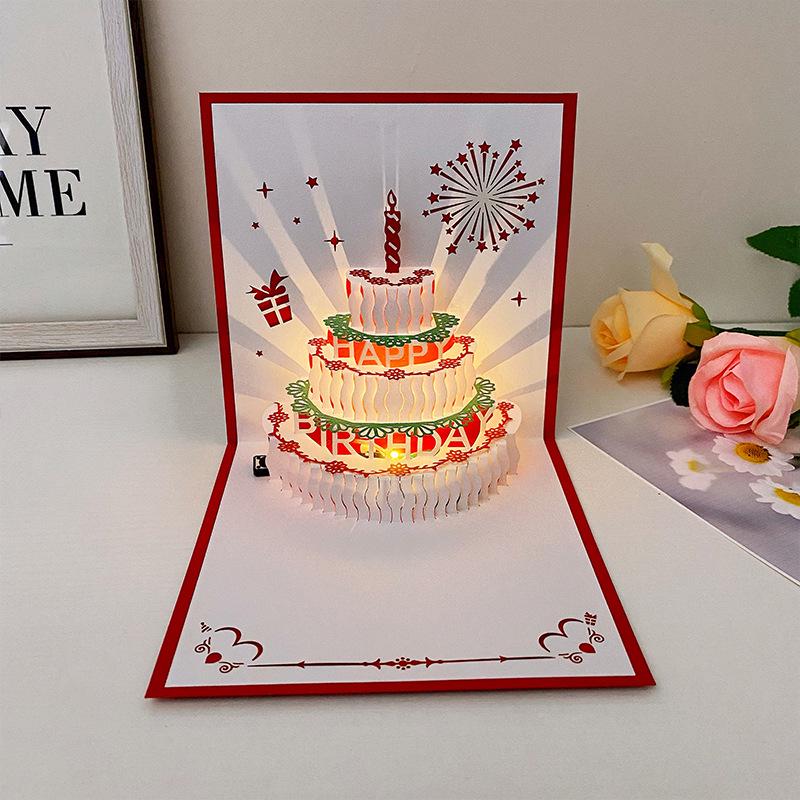 Carte pop-up Gâteau d'anniversaire musical 3D avec lumières colorées et enregistrement
