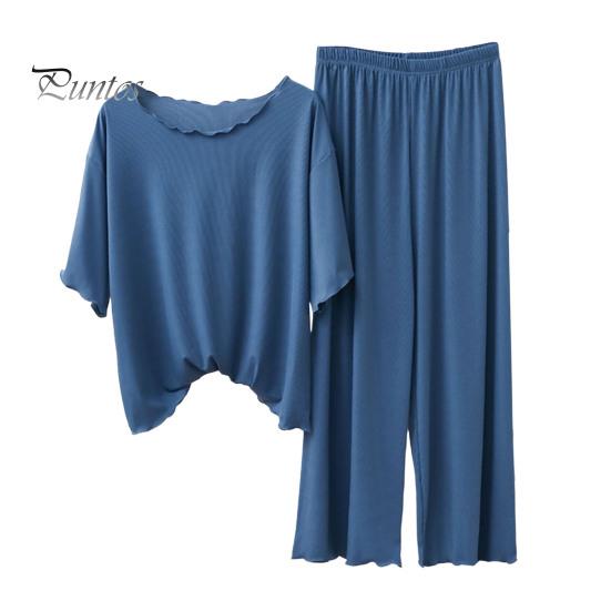 

2 шт./компл., женская блузка, брюки, комплект с круглым вырезом, короткими рукавами, топ с присборенными краями, широкие брюки, свободные тонкие брюки с эластичной резинкой на талии, повседневная домашняя одежда, пижамы XL темно-синий