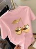 Golden Cherry Print Women Short Sleeve T-Shirt Casual Tee a Sense of Elegance Fashion Harajuku Kawaii T-shirt Y2K Clothing