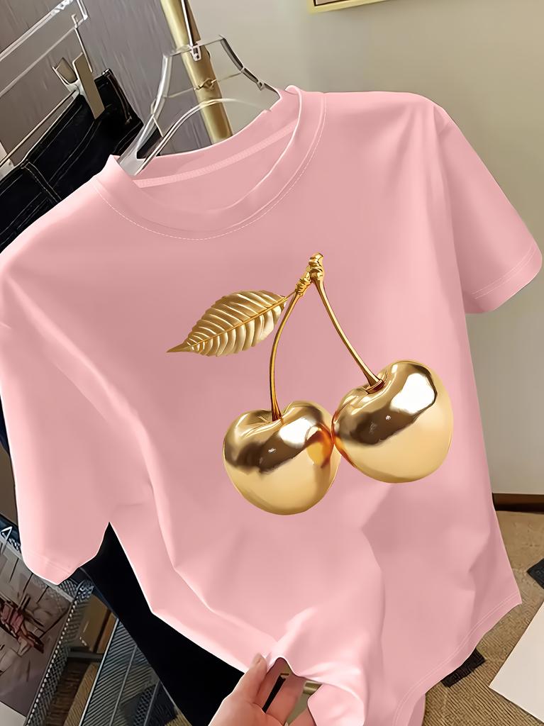 Golden Cherry Print Women Short Sleeve T-Shirt Casual Tee a Sense of Elegance Fashion Harajuku Kawaii T-shirt Y2K Clothing