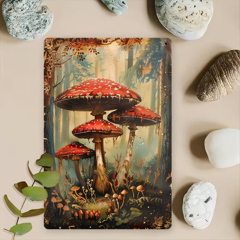 Tin Sign Mushroom Forest Wall Art Vintage Metal Plaque Autumn Fungi Pattern Retro Cabin Decor for Home Bar Kitchen Bedroom Offi
