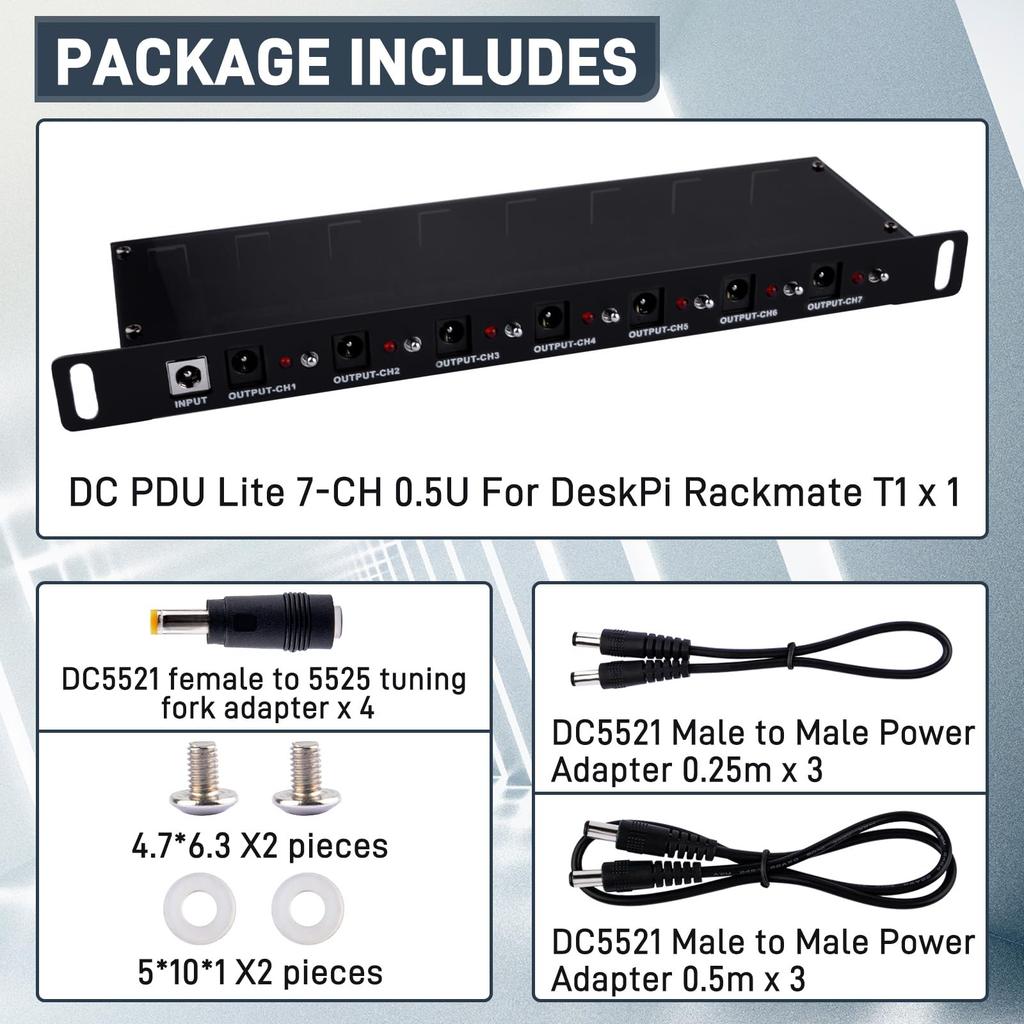 GeeekPi 10-inch Rackmount Power Distribution Unit (Rack PDU) DC PDU Lite 7-CH 0.5U, for DeskPi Rackmate T1T0T2 and 10-inch Server Cabinets, with 7