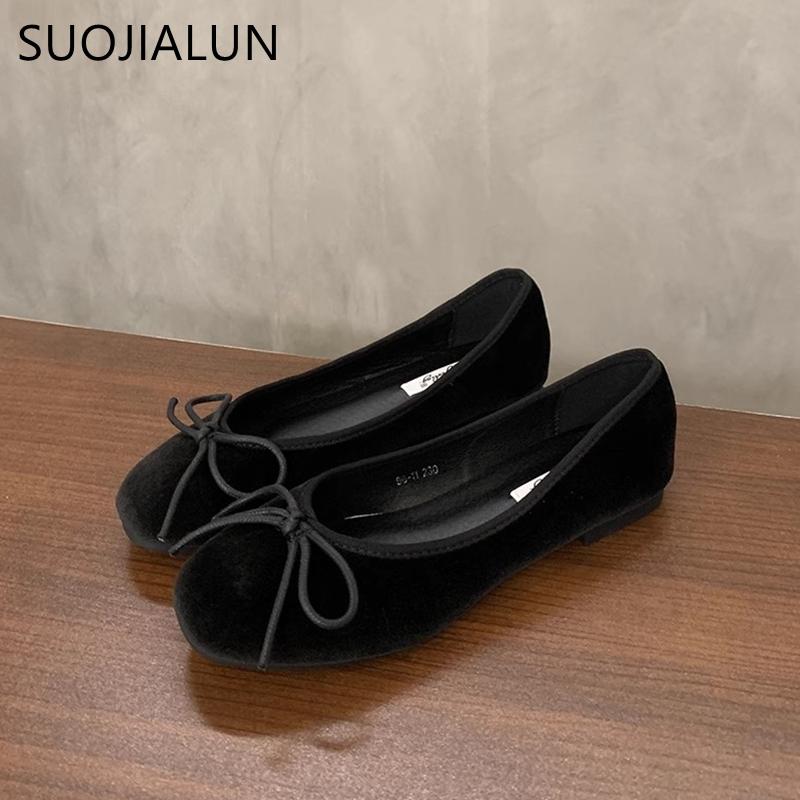 Fashion SUOJIALUN Autumn Women Flat Shoes Fashion Bow-knot Round Toe Shallow Slip On Ladies Boat Shoes Soft Flat Heel Dress Ballerinas S
