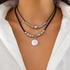 Retro Leather Wax Line Disc Pendant Clavicle Chain Necklace with Metallic Beads